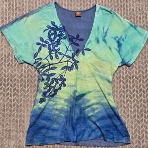 Language Los Angeles Womens Y2K Blue Green Tie Dye Floral Ribbed Top Large